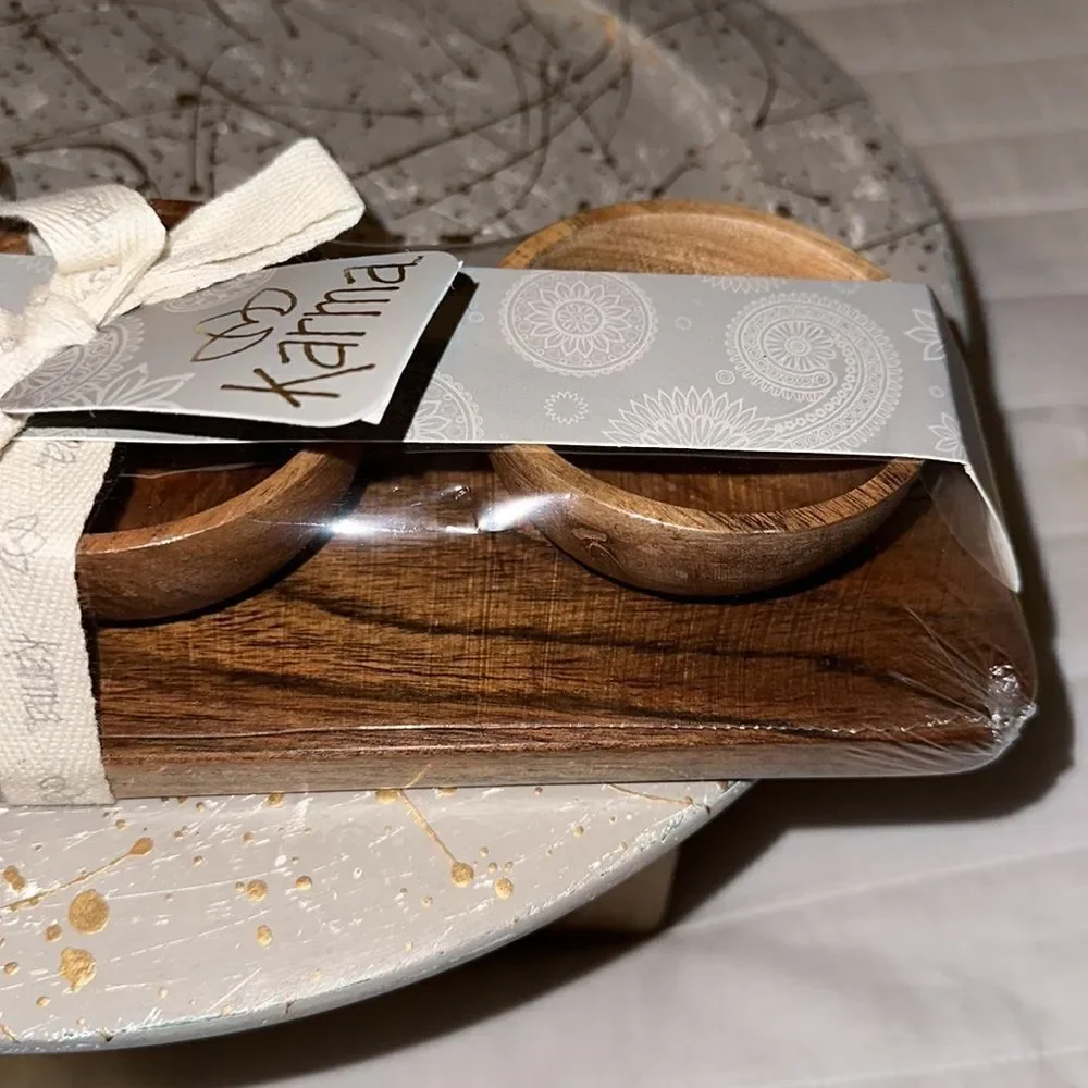 Karma Set of 3 piece Teak Wooden Condiment Dipping Bowls with a Serving Tray